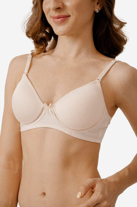 Wire-Free Breathable Mesh Bra with Satin Bow Accent - Light Beige