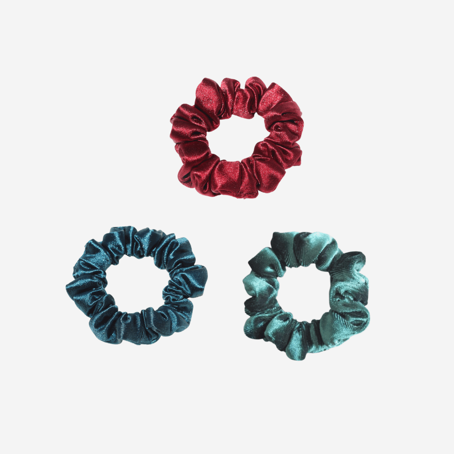Upgrade Your Hair Game with Our 3 Pack of Soft Velvet Scrunchies - Made of 100% Polyester (Ivory, Piggy Pink, Light Hot Pink), 89% Polyester and 11% Spandex (Black, Green), 94% Nylon and 6% Lycra (Red, Blue). These Hair Bands are Comfortable, Shiny, and Feature a Durable Rubber Band that Secures Your Hair without Damaging It. Handmade in Sri Lanka.